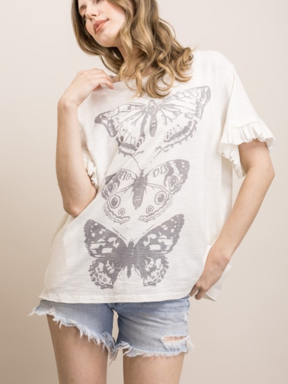 BV12 La Blanca White Butterfly Graphic Ruffle Sleeve Tee - White